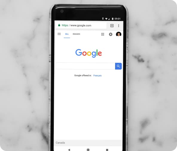 Google mobile search browser on a mobile phone.