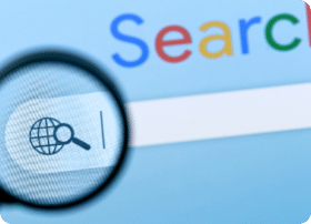 Google search bar with magnifying glass for target locations and local SEO.