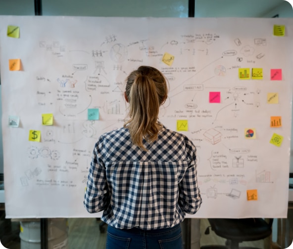 Person stand in front of a whiteboard looking at the various writing, drawings an colorful sticky notes that are spread over it.