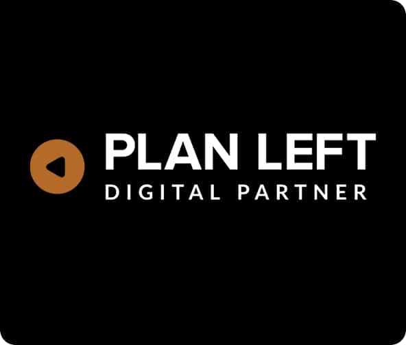 PLAN LEFT DIGITAL PARTNER in white font on a black background and brown arrowhead at a side.