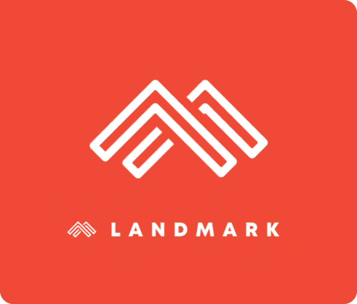 Two overlapping upside down tick marks in white with Landmark in white font below it on an orange background