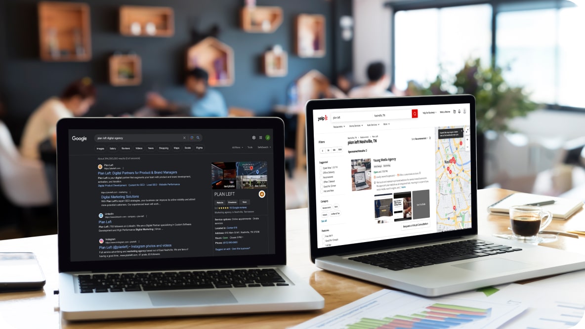 Two laptops sit side-by-side showing search results and a website home page.