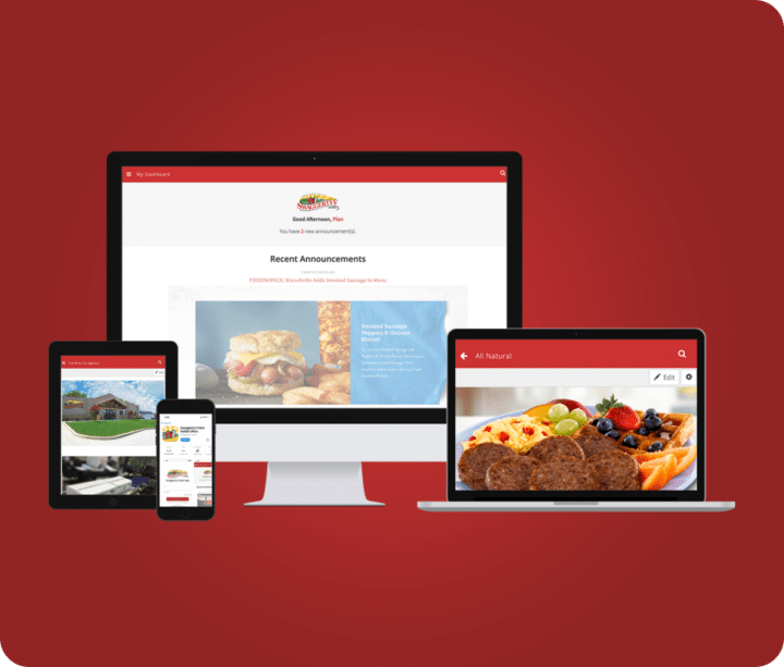 Swaggerty's Sausage Loyalty app pages across various devices.