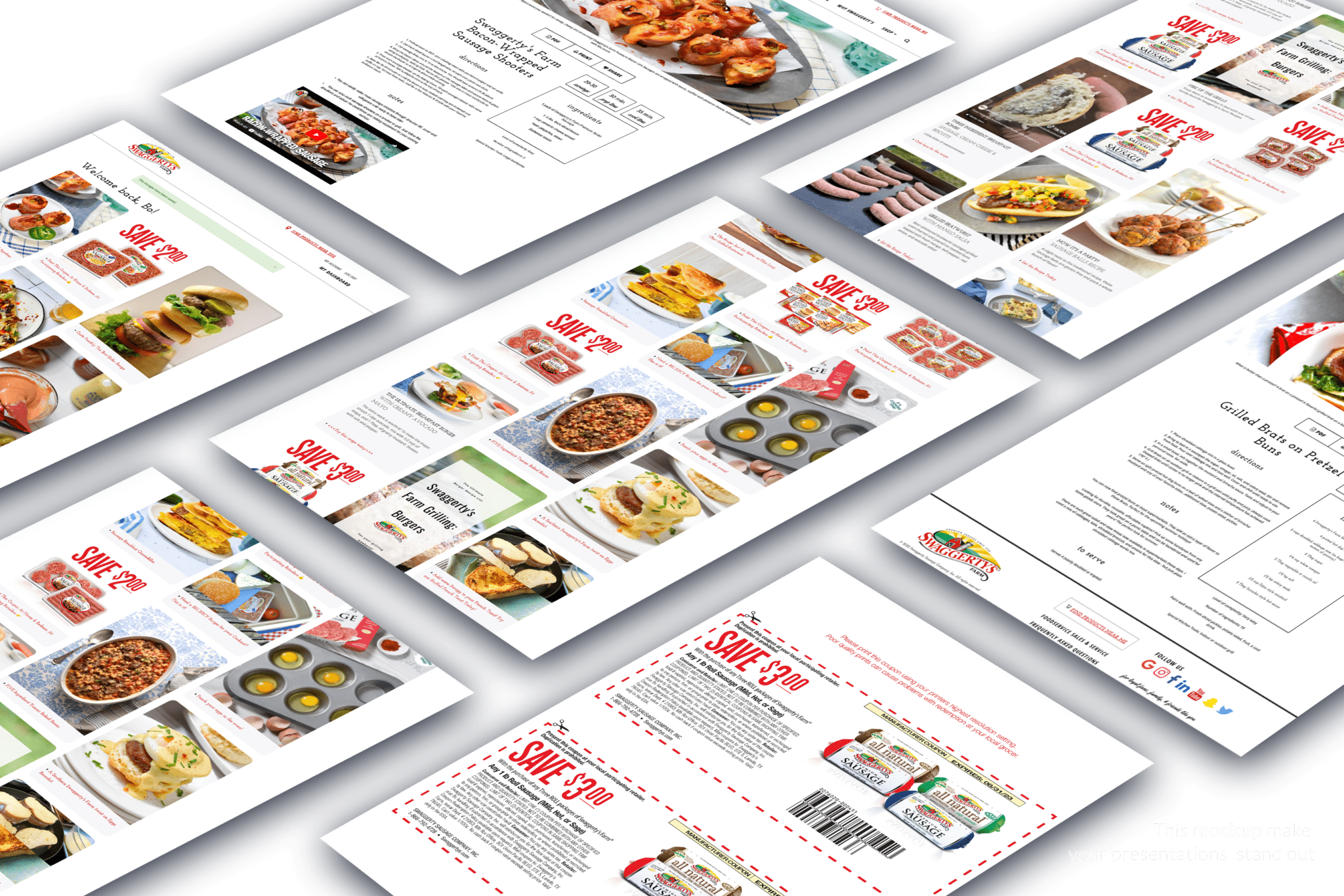Various examples of loyalty program rewards with coupons and recipe pages.