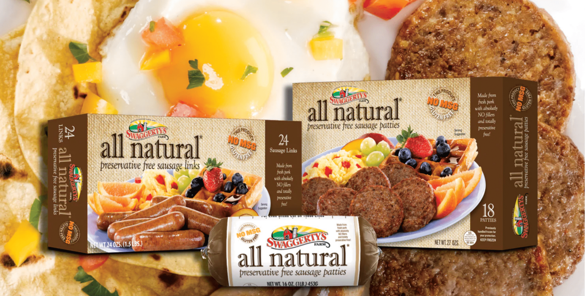 Swaggerty's All Natural Sausage links, patties and ground roll displayed with a breakfast pate in the background.