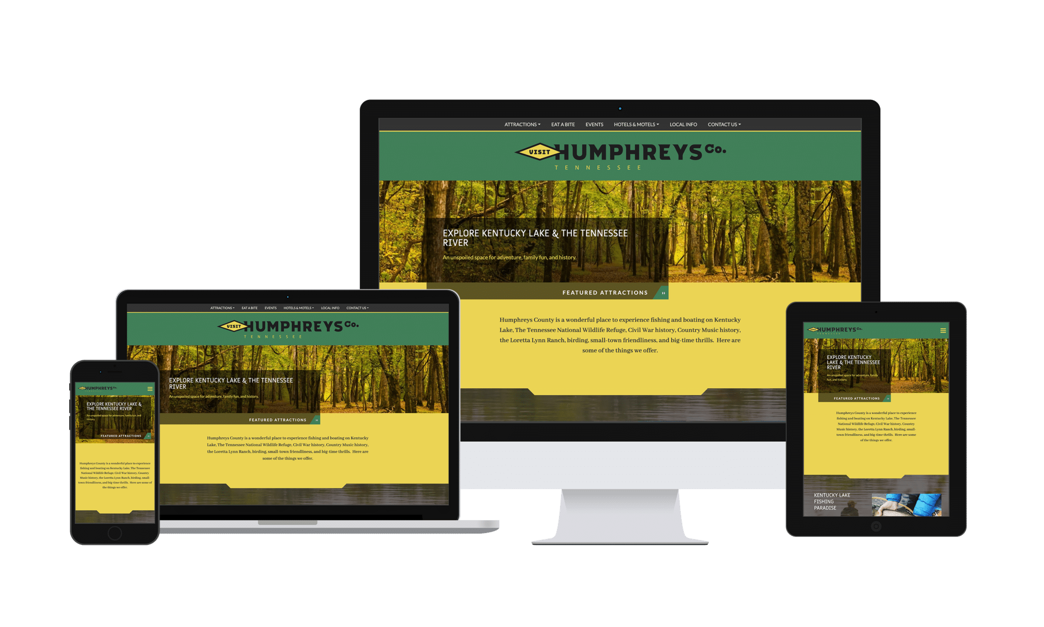 Screens of different sizes showing green and yellow website of Visit Humphrey's on computer monitor, laptop, tablet and mobile phone.
