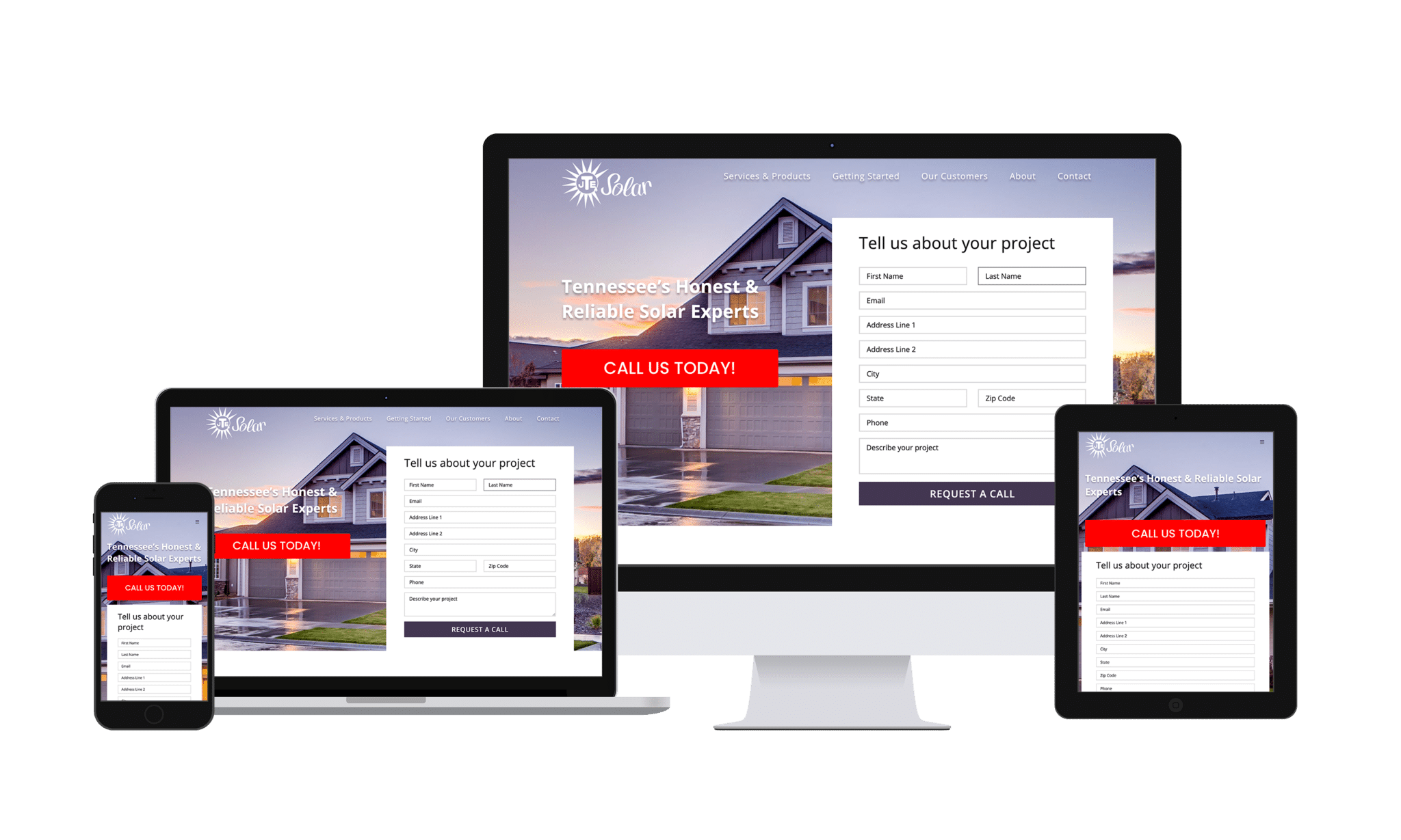JTE Solar home page view seen across multiple devices.