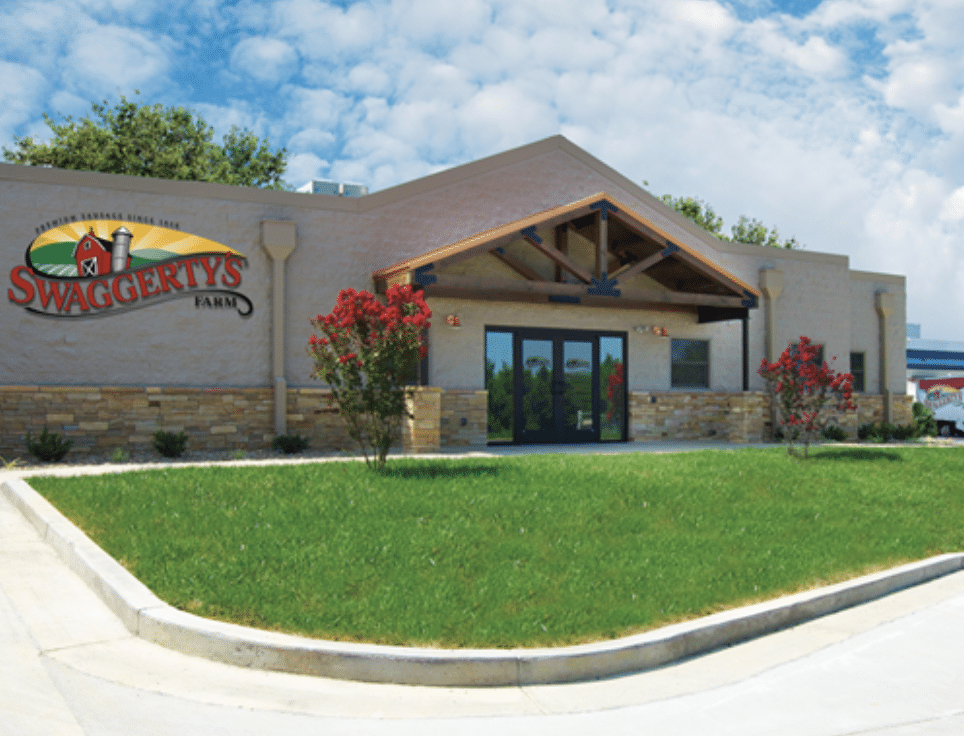 Swaggerty's Sausage office building with logo on the front of the building.