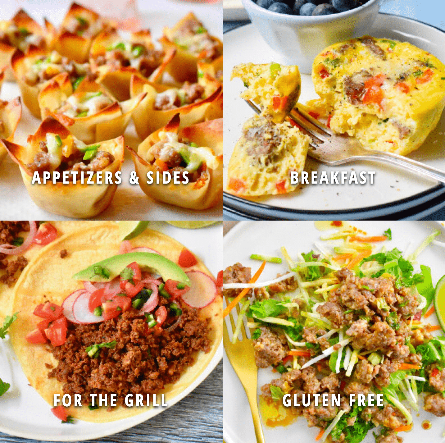 Swaggerty's Sausage recipe page with appetizers, breakfast, for the grill and gluten-free recipes.