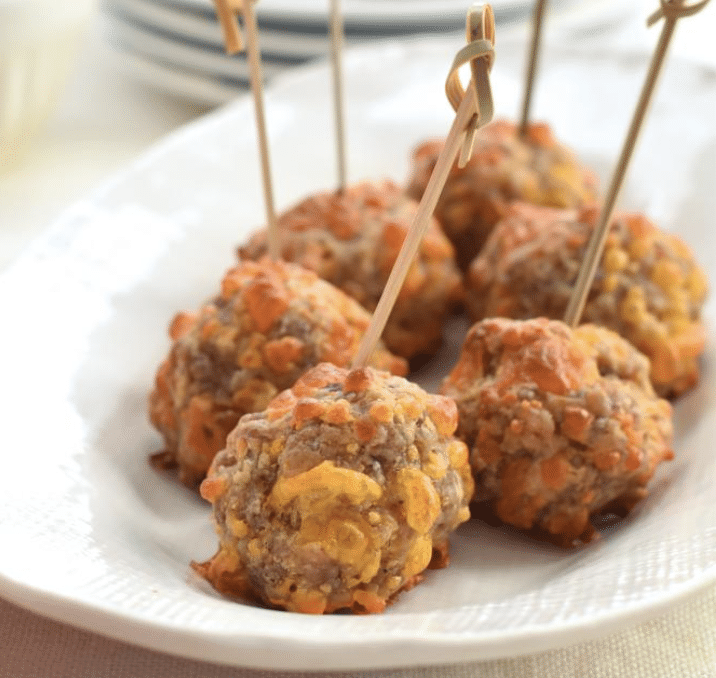 Swaggerty's ground sausage cooked for appetizers with toothpicks sticking out.