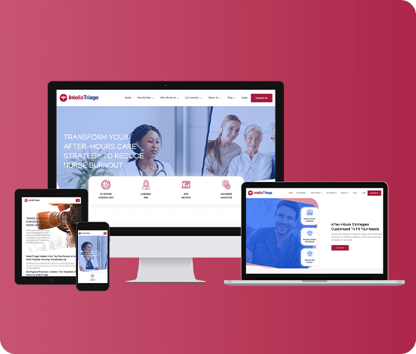 Various screen views of IntellaTriage website homepage on a dark pink background.