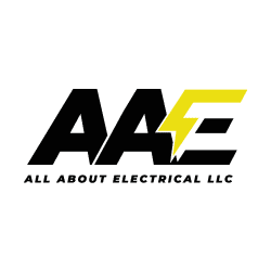 AAE All About Electrical in bold black on a white background with one arm of E being a lightning bolt of yellow color.