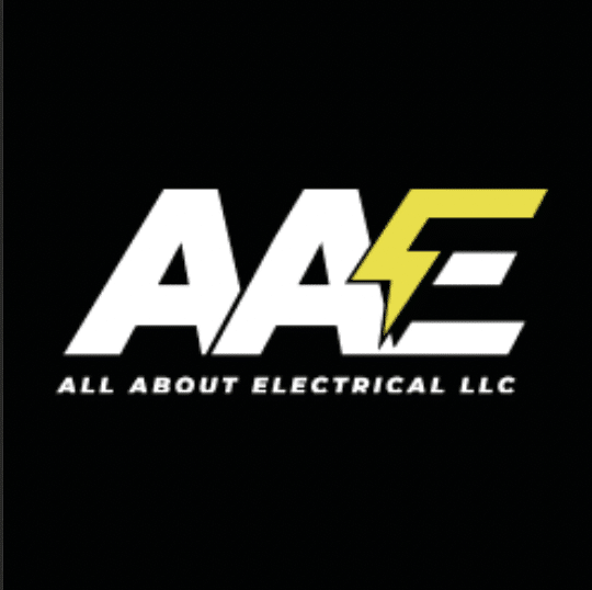 AAE All about electrical in bold white on a black background with one arm of E being a lightning bolt of yellow color.