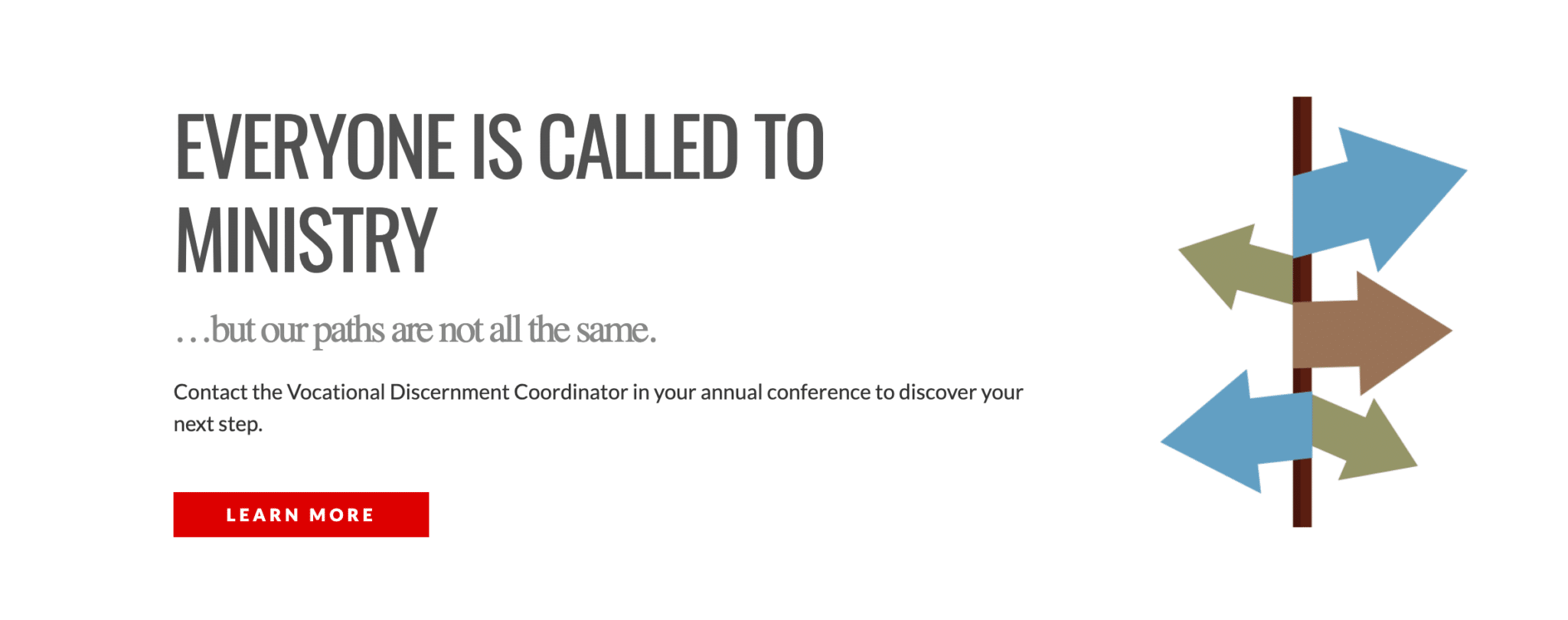 GBHEM webpage for Everyone is Called to Ministry with arrow design and content.