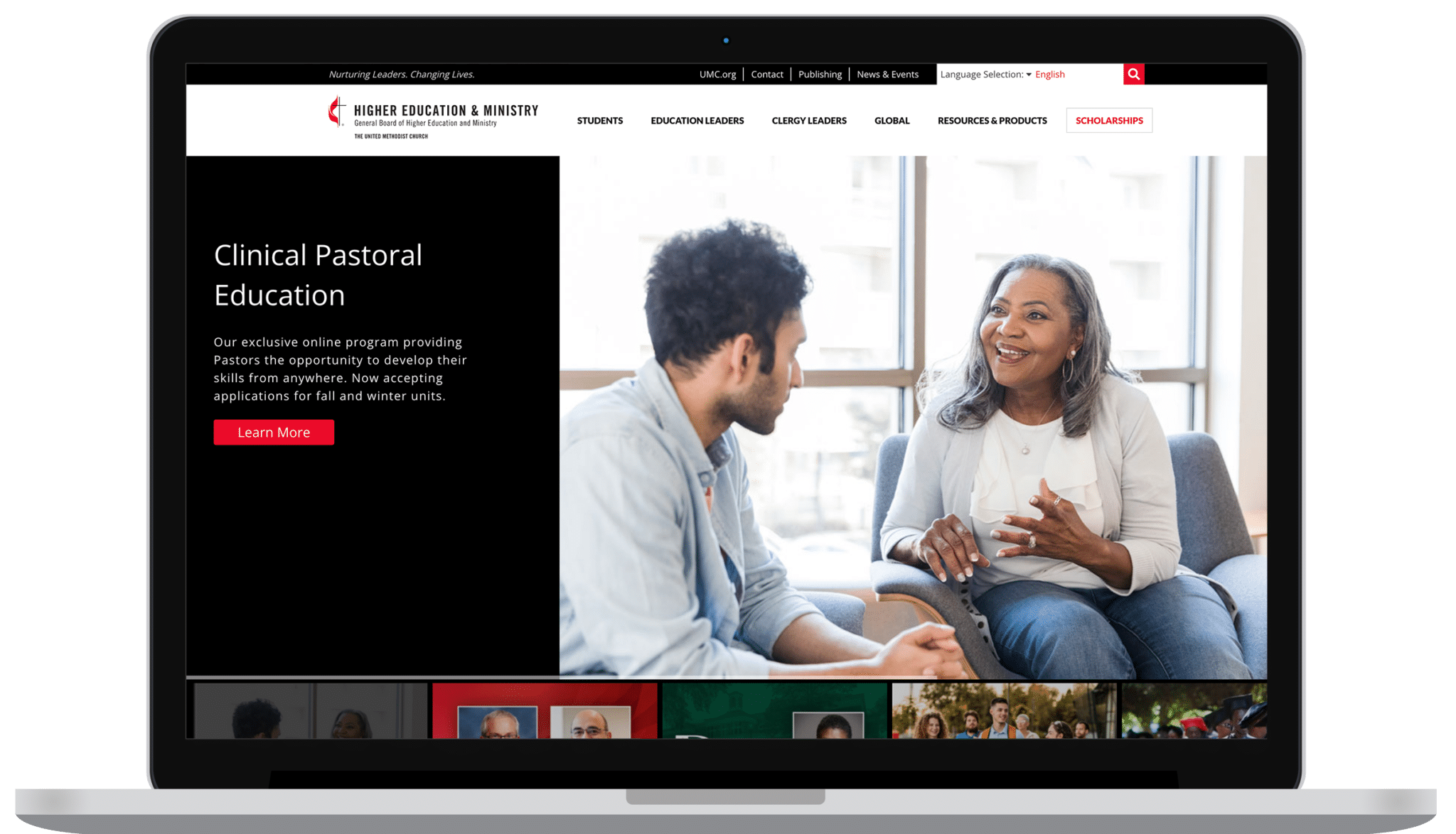 General Board of Higher Education Methodist Church website page for Clinical Pastoral Education with a person speaking to another.