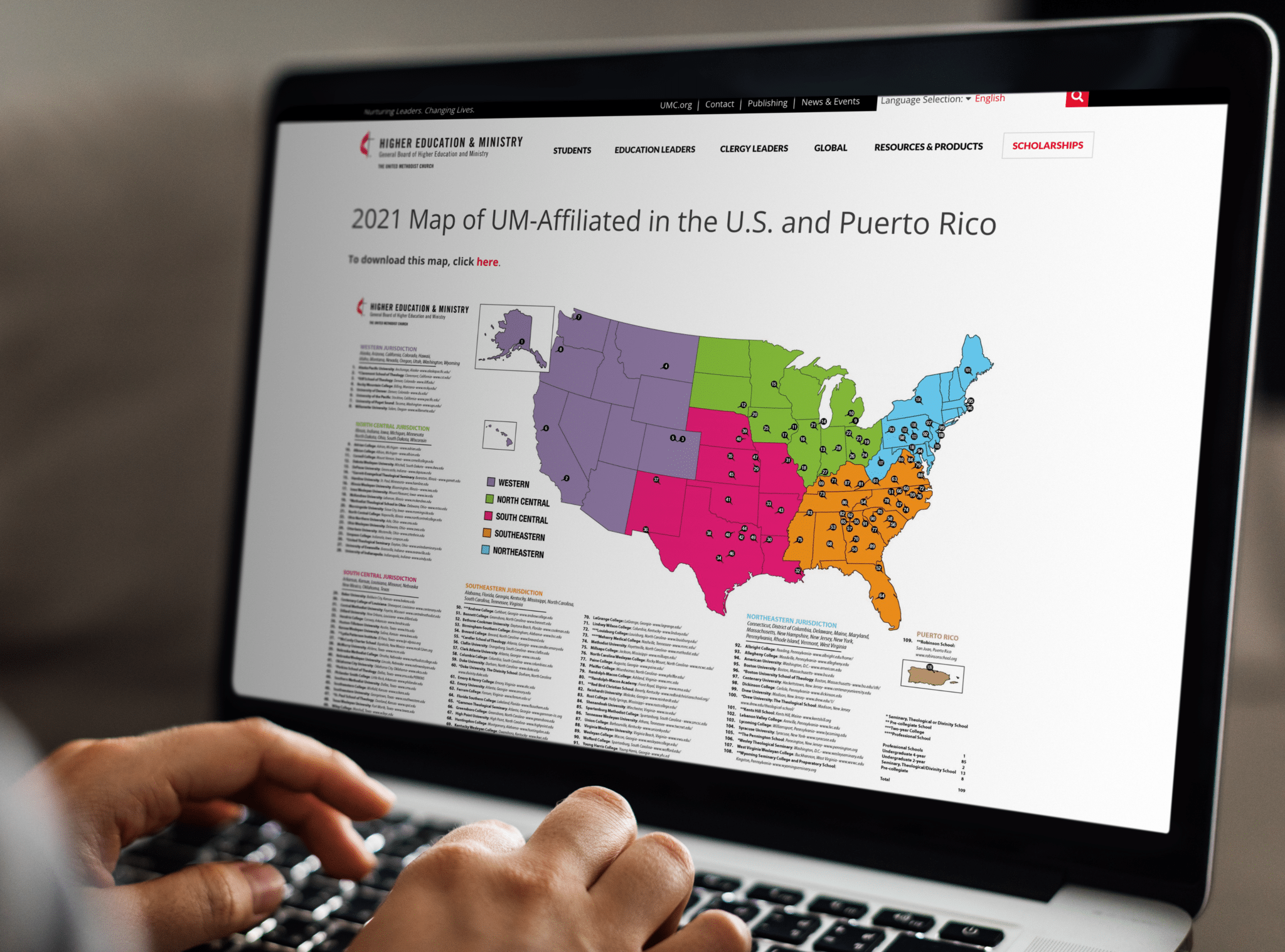 General Board of Higher Education Methodist Church website page for 2021 Map of UM-Affiliated in US and Puerto Rico.