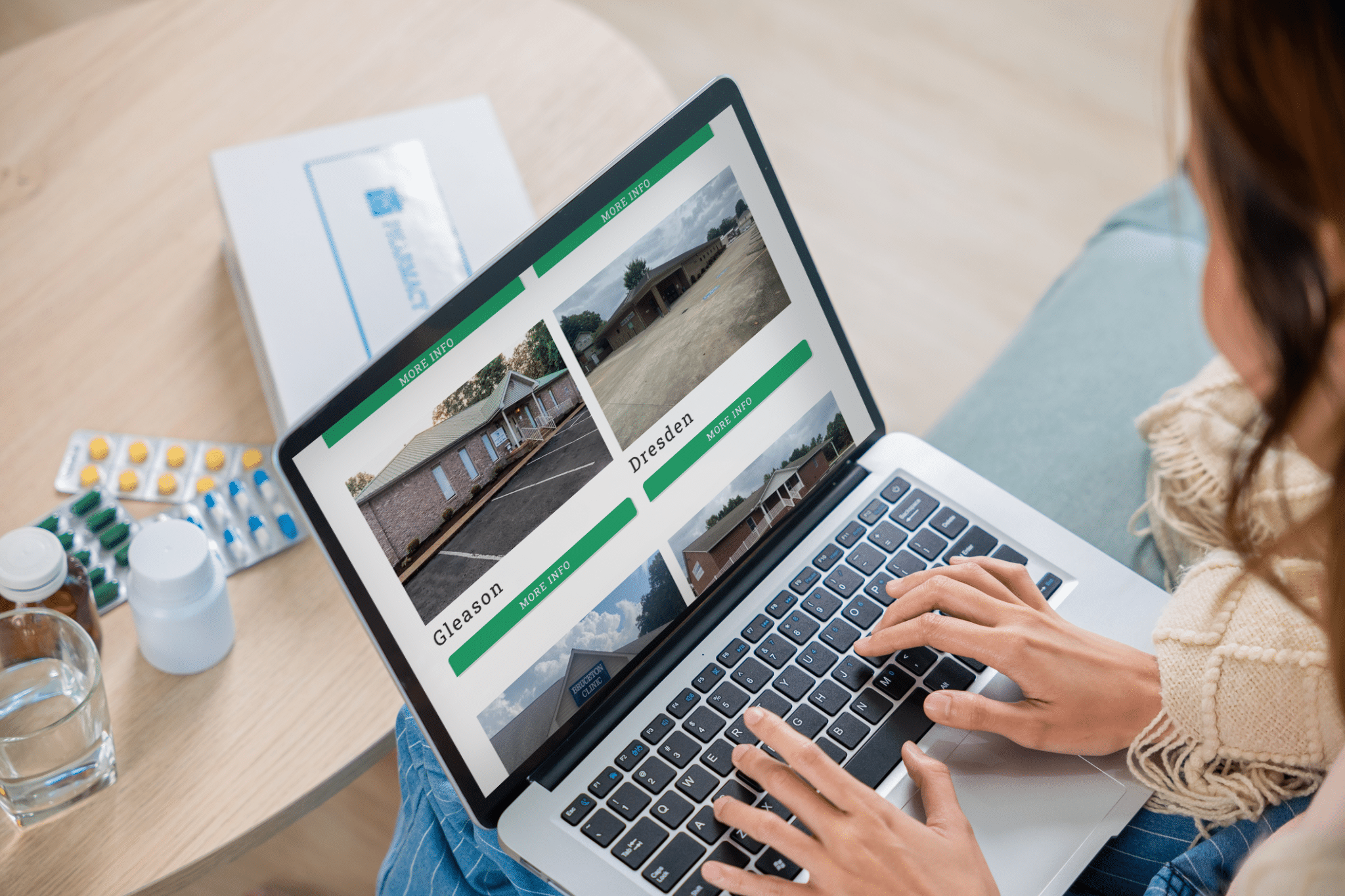 Hometown Health Clinic location page viewed by person on laptop.