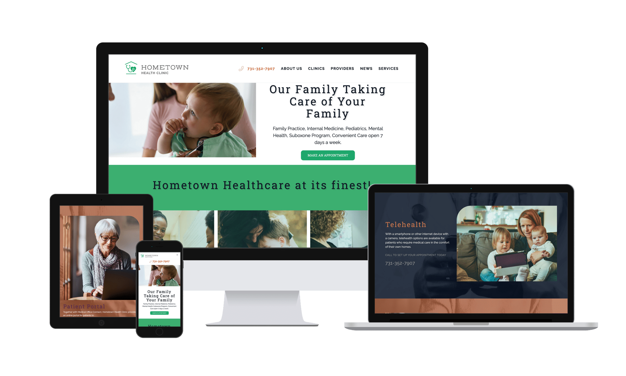 Hometown Health Clinic homepage view across various devices from desktop to mobile.