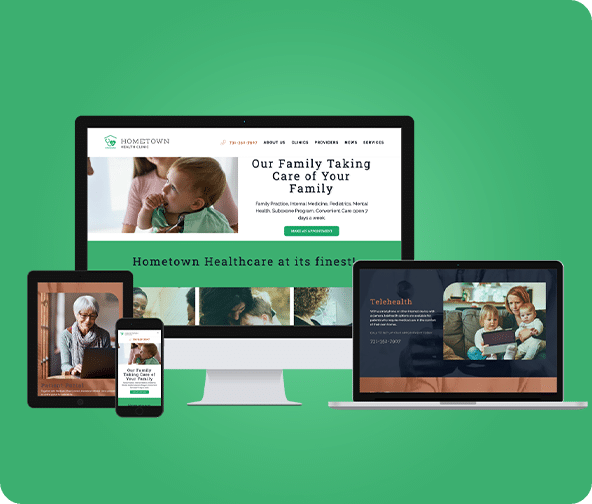 Hometown Health Clinic homepage view across various devices from desktop to mobile.
