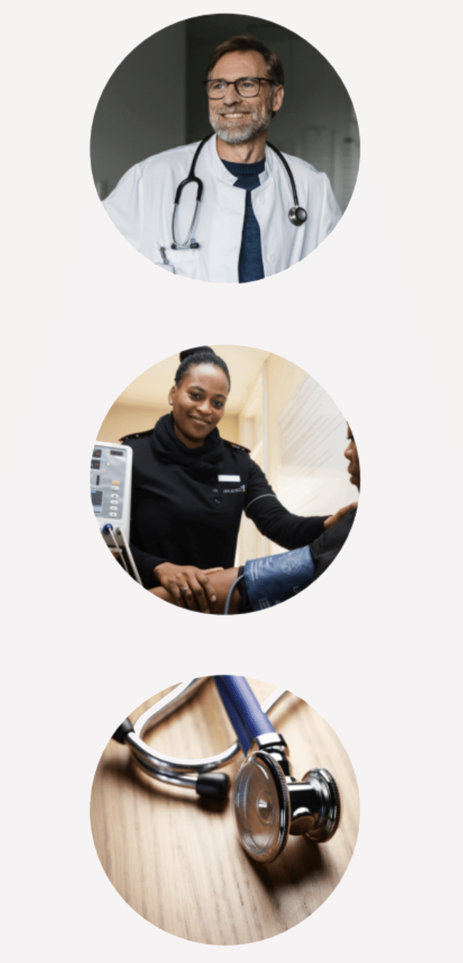 Three vertical, circular images of two doctors and a stethoscope.