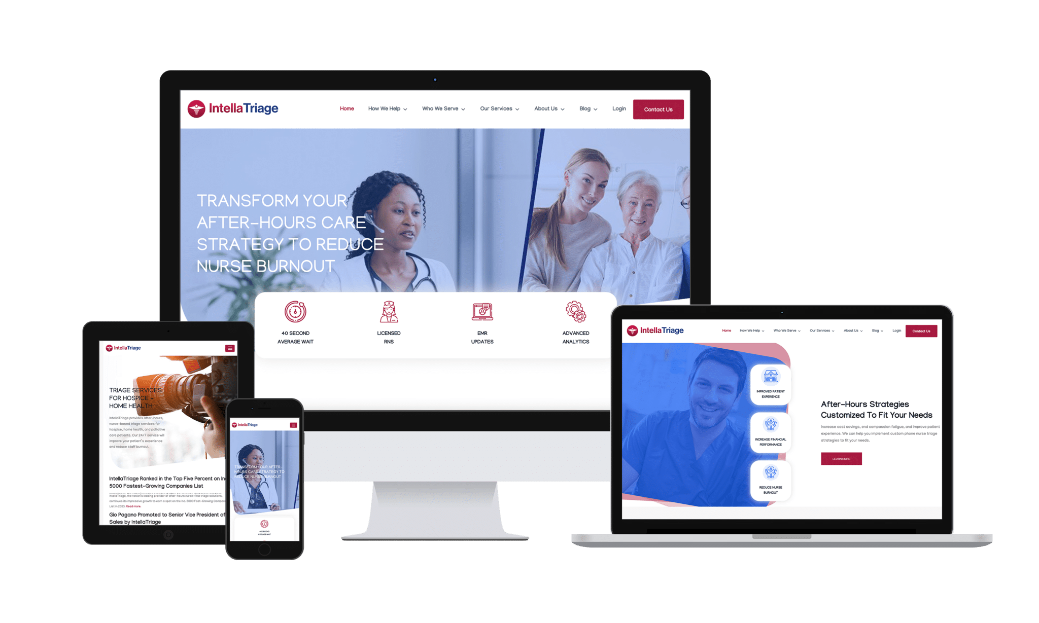 IntellaTriage homepage shown across multiple devices with responsive design.