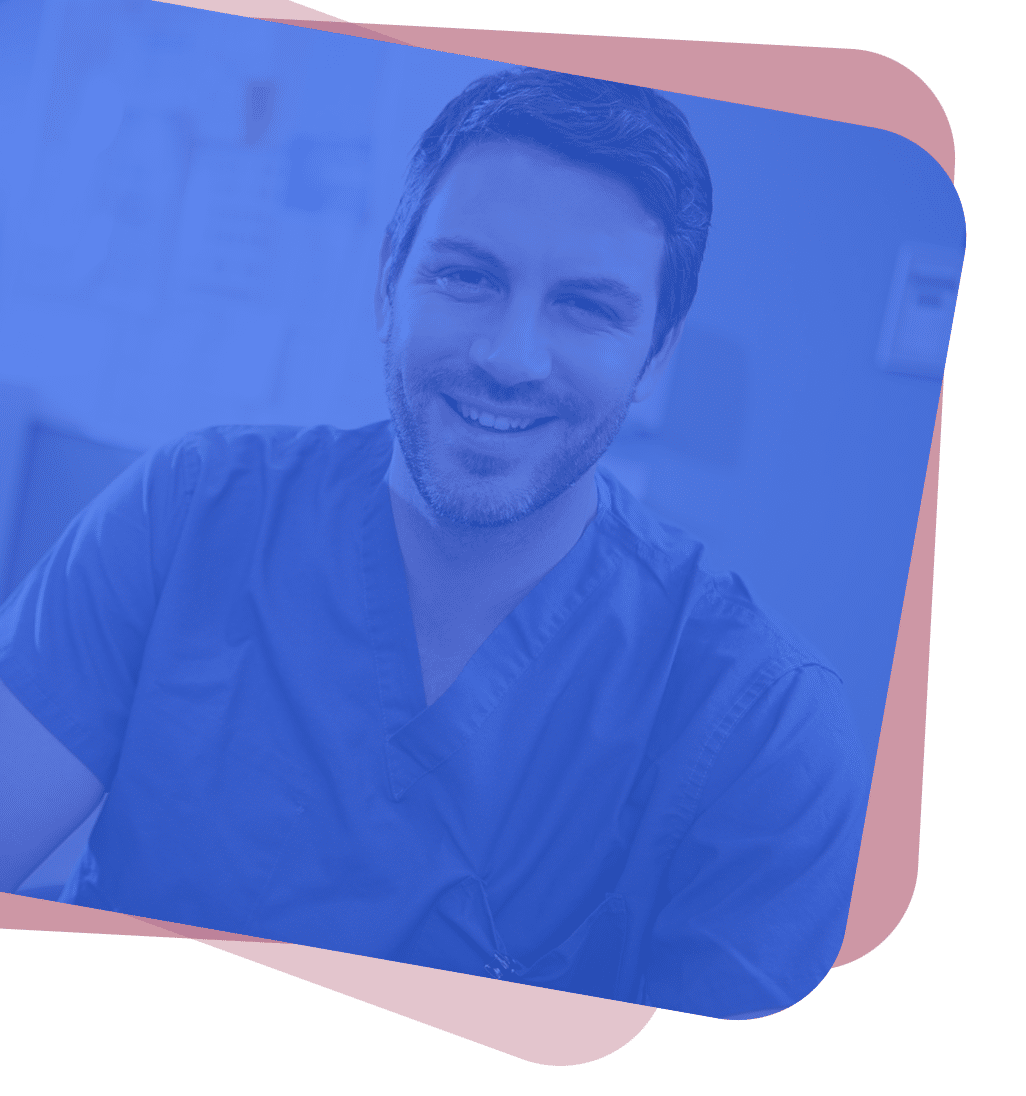 Man wearing scrubs with blue overlay with staggered backgrounds using CSS color adjustments.