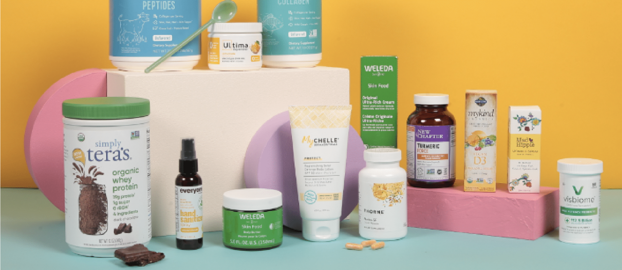 Various products offered by Medly with a colorful background and display props.