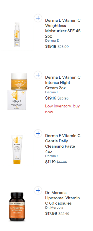 Medly products shown vertically for Derma E and Dr. Mercola products.