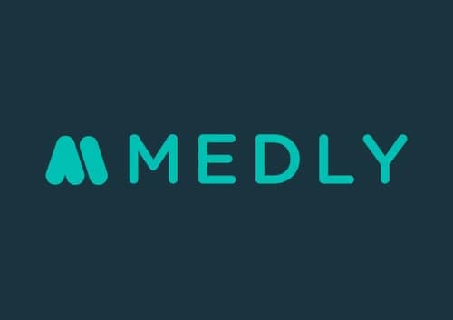 Medley in teal color against dark teal background and "M" at one side.