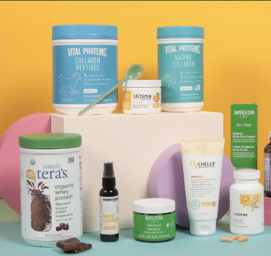 Collagen peptides, organic whey protein and other supplements from various brands displayed on colorful shapes.