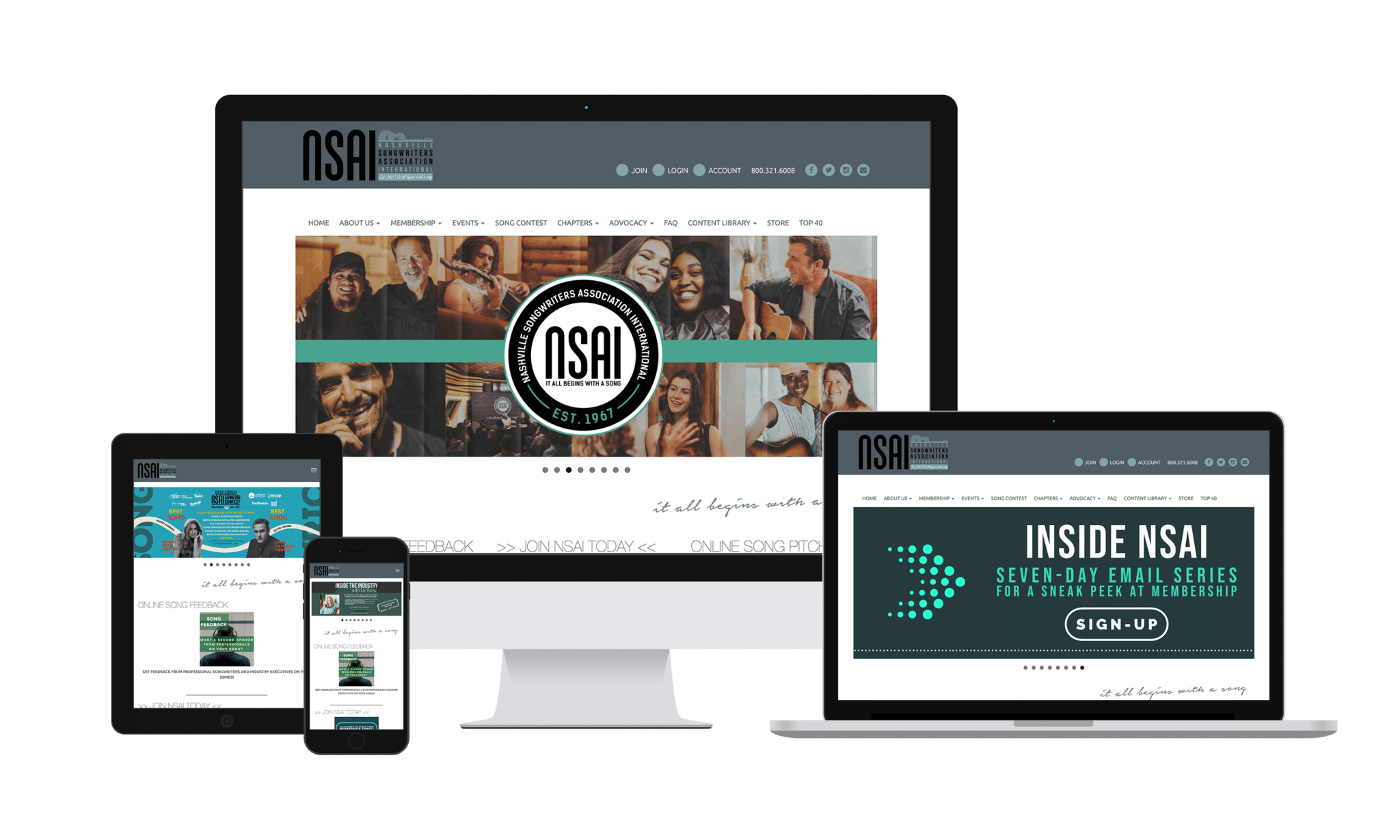 Desktop, tablet, mobile, and laptop views of NSAI homepage.