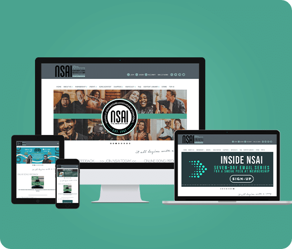 Bluegreen background with devices showing different screen views of NSAI website.
