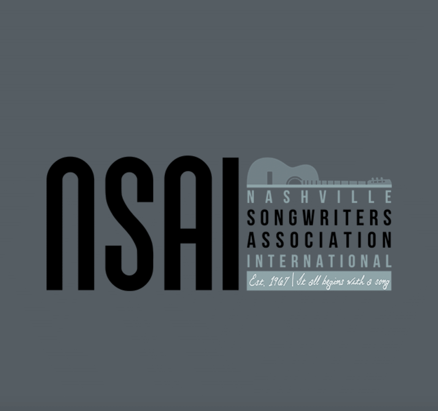 NSAI in black on a grey background and a half guitar with Nashville Songwriter Association international on a side.