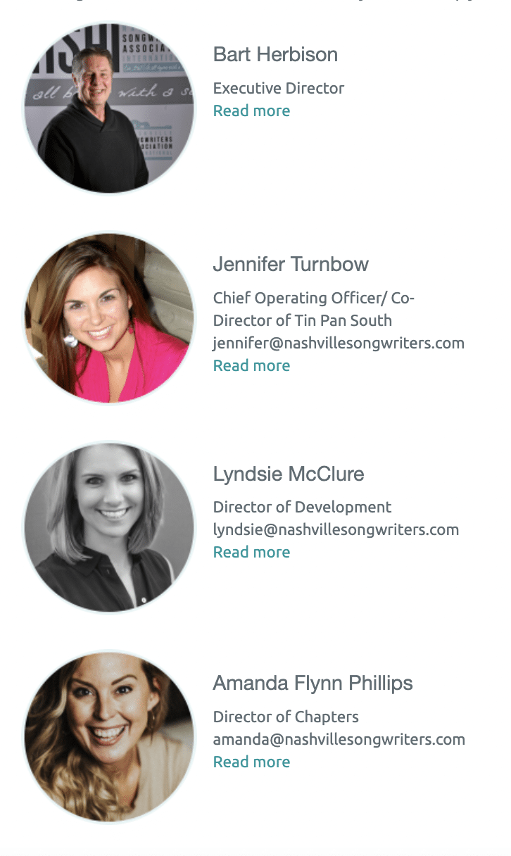 Vertical team member profiles for Nashville Songwriters Association International.