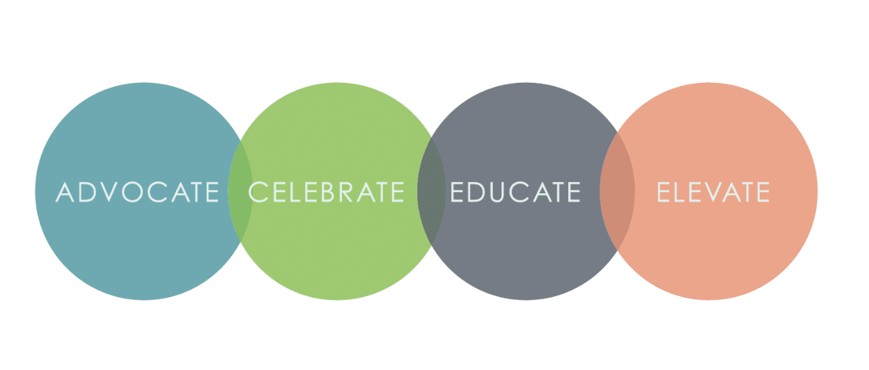 Colorful, overlapping circles with Advocate, Celebrate, Educate, and Elevate in each circle depicting values for custom e-commerce development.