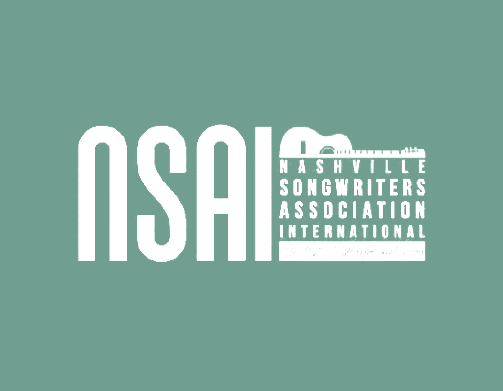 NSAI in white on a sea-green background and a half guitar with Nashville Songwriter Association international on a side.