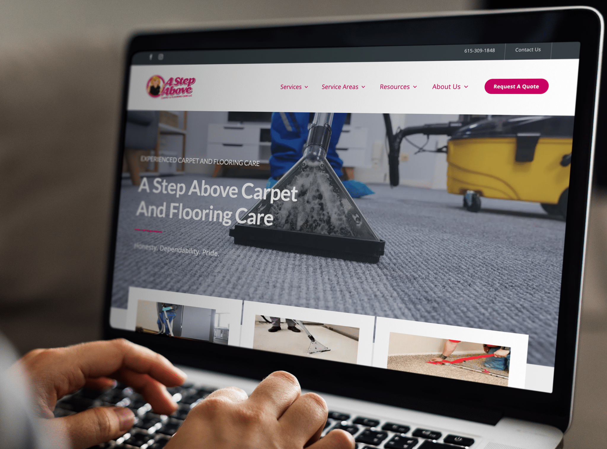 Person searches the A Step Above Carpet and Floor Care website.