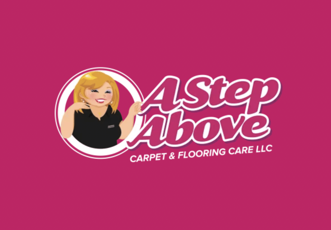 A step above carpet and flooring care LLC in pink and white on a pink background with an animated blond lady in a black tee shirt on a side.