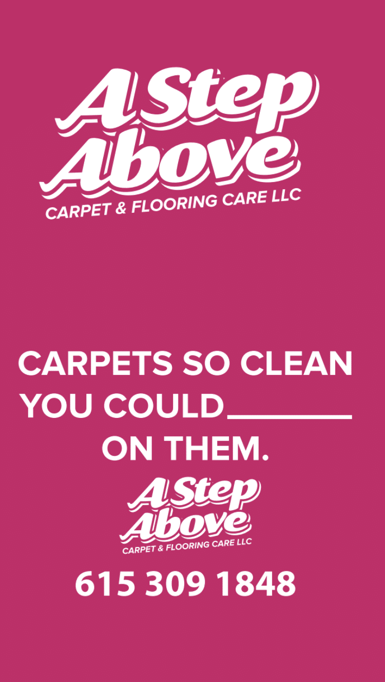 A Step Above informational with phone number with white font and pink background.