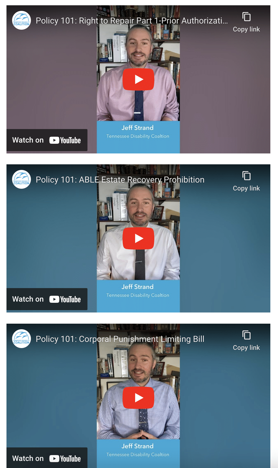 Tennessee Disability Coalition YouTube videos with copy links and logo on top left corner.