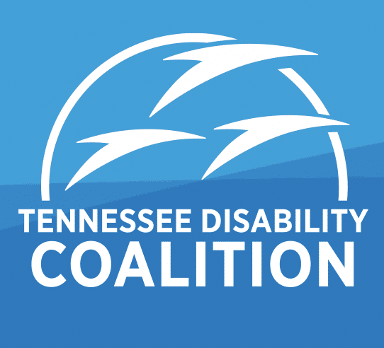 Tennessee Disability Coalition in white font over a sky-blue background and three dolphins jumping and a semi circle.