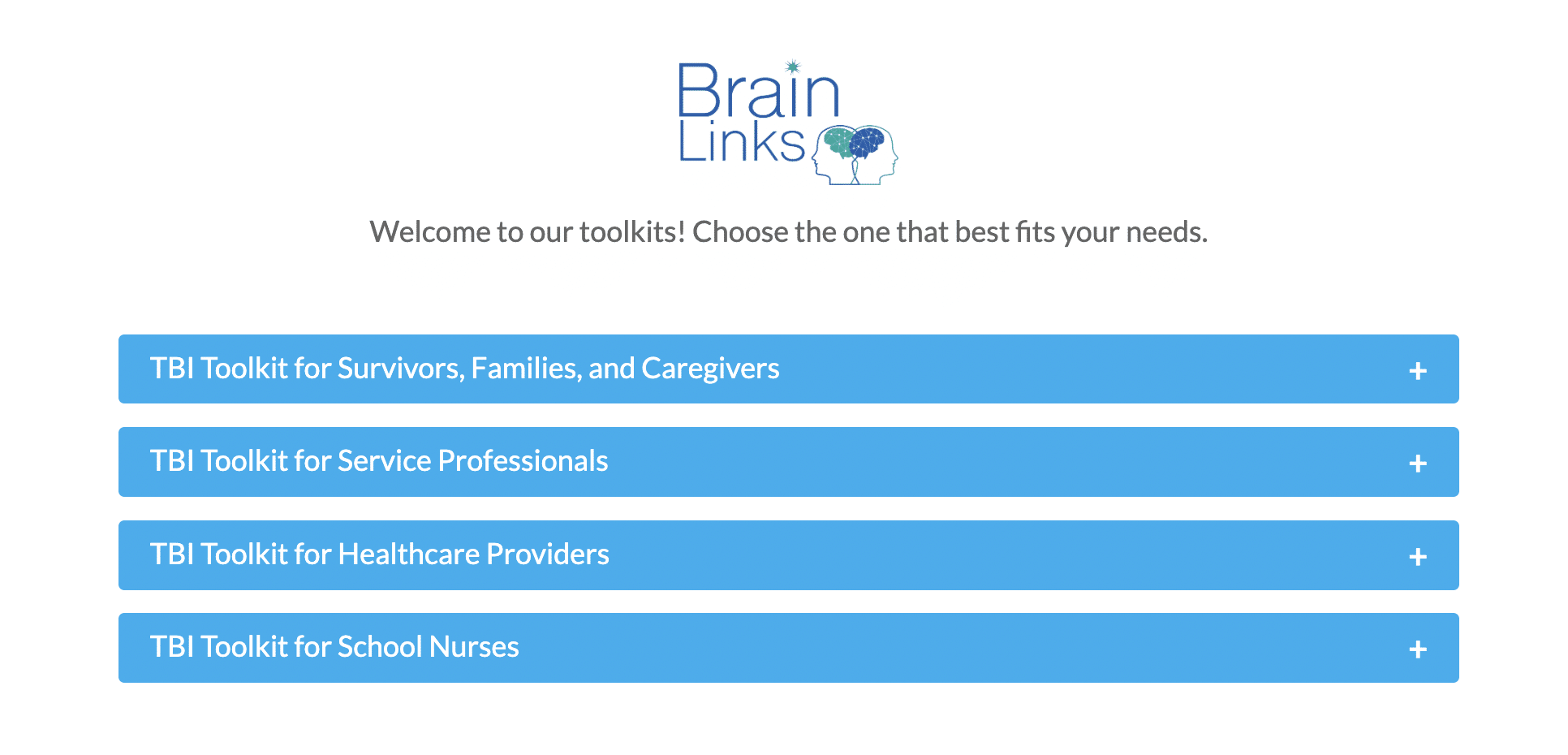 TNDIS webpage listing their TBI toolkits with blue drop down menus.