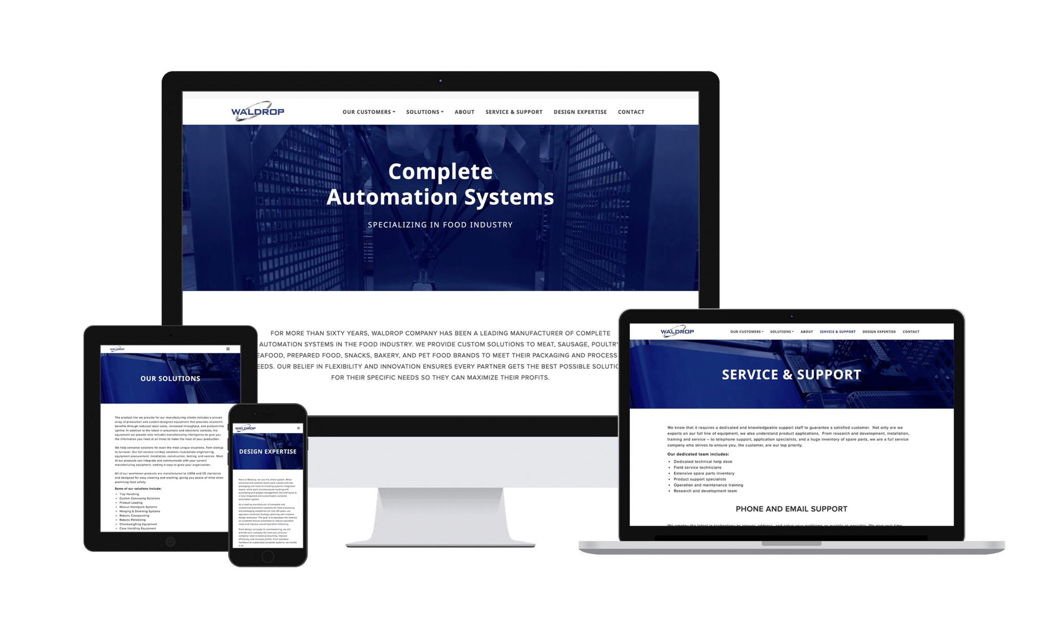 Waldrop home page viewed on Mobile, Table, Laptop, and Desktop devices.