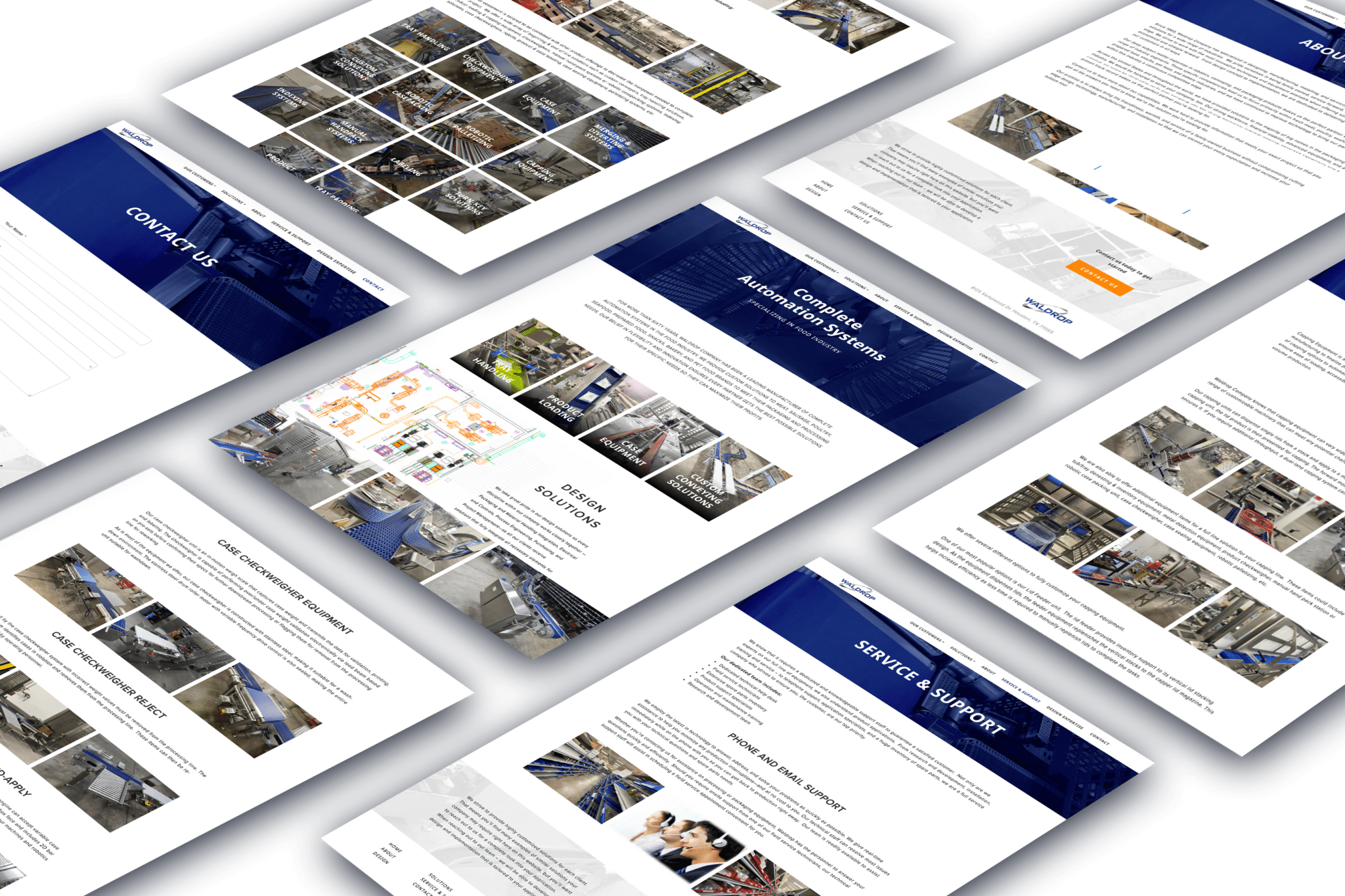 Various Waldrop webpages shared in a laid out pattern.