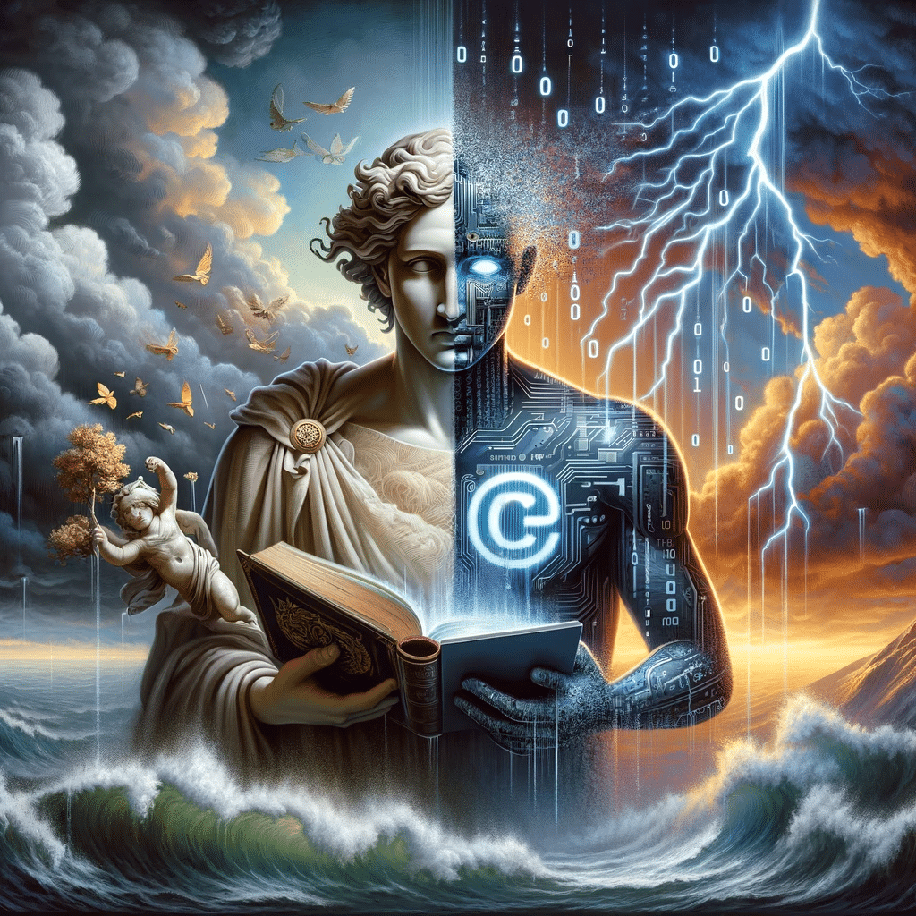 Dramatic illustration symbolizing tension between Generative AI and Copyright Concerns with a human split as human and as AI.