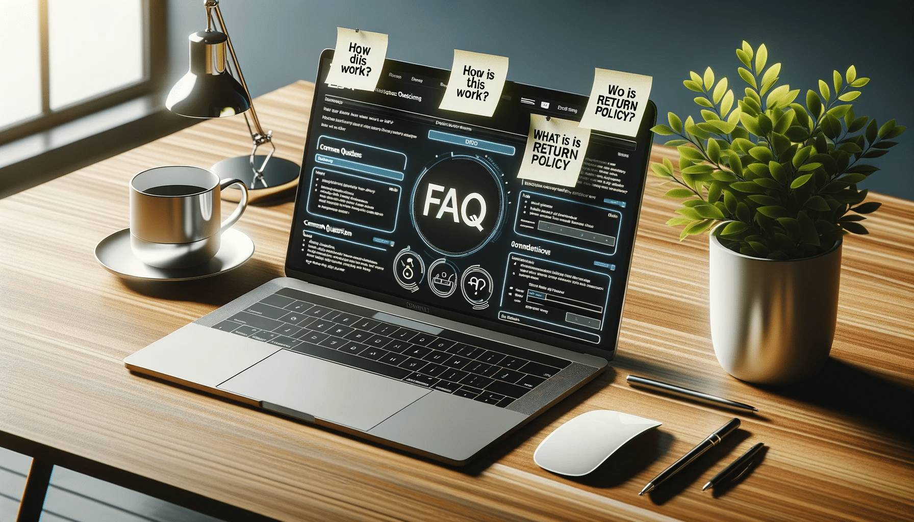 Laptop with a mouse and decorations sit on a wooden desk with FAQ and stats on the monitor screen.