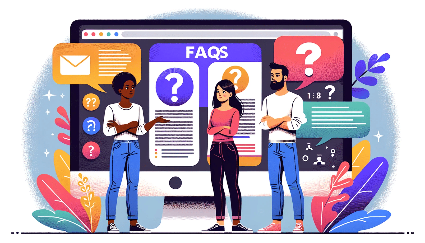 A colorful image of 3 people drawn in front of a monitor screen with FAQs and columns in the background