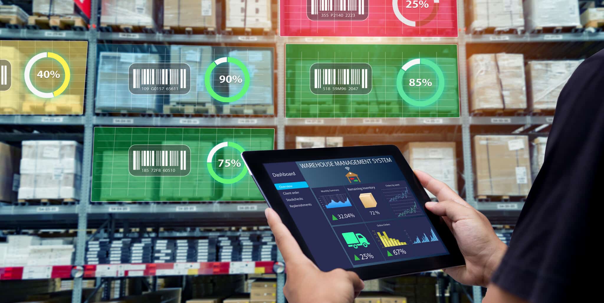 Table being held by warehouse manager using eCommerce management plug-in tool for inventory.