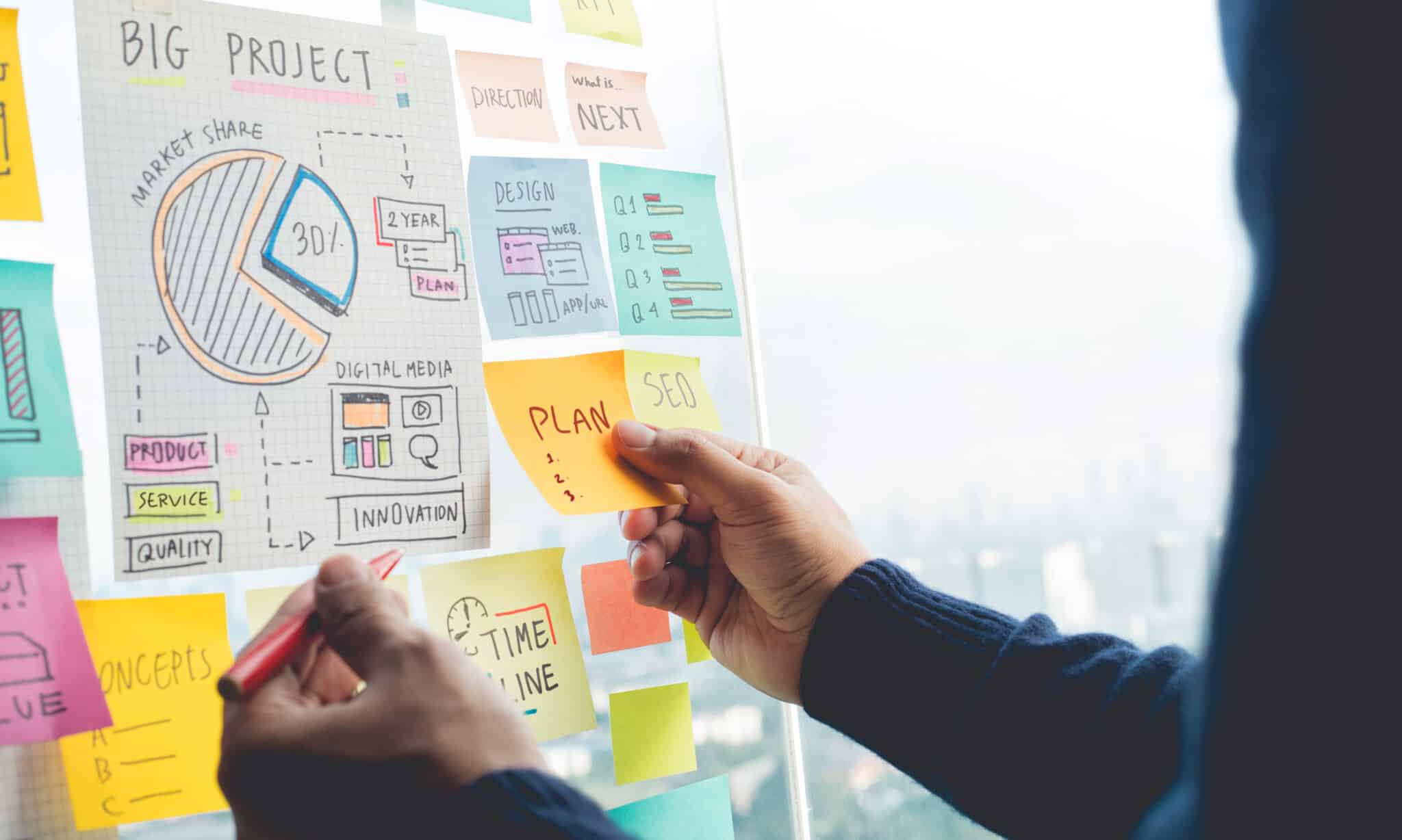 Strategy board for a healthcare website with various sticky notes and data.