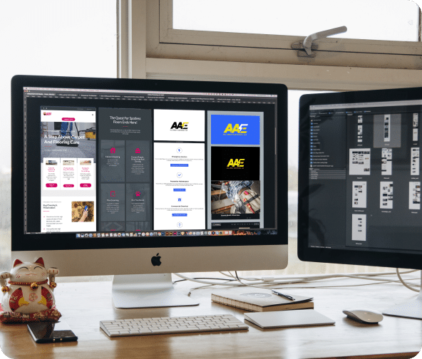 Home service providers All About Electrical and A Step Above shown on one monitor with website designs on the other.
